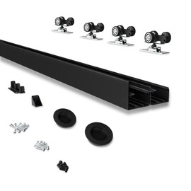 JUBEST 4FT Heavy Duty Bypass Door Hardware with Finger Pulls,Sturdy Aluminum Sliding Closet Door Track for 2 door System,Quietly and Smoothly,Fit Door Thickness 1 3/8" or 1 3/4",Easy to Install, Black