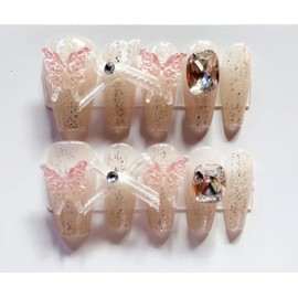 M·Q NAIL,Press on nails,Pink cat's eye square medium nails,Hand drawn,Includes 48 jelly glue and 2 cuticle sticks and 2 rubbing strips. (Dreamy Butterfly Manor, M)