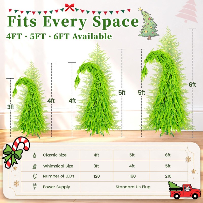 Prelit Lime Green Whimsical Bendable Christmas Tree, 2-in-1 Dual Style