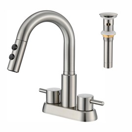 Kablle Bathroom Faucet with Pull Down Sprayer 3 Holes, Brushed Nickel 4 inch 2 Handles Centerset Laundry Bar Basin Pull Out Bathroom Sink Faucet with Pop-Up Drain, KBL-6002BN