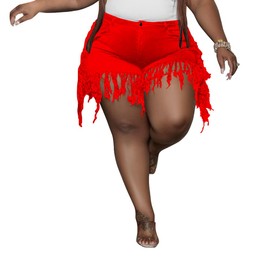 PINSV Women Plus Size Fringe Denim Shorts High Waisted Frayed Raw Hem Ripped Tassels Jeans Red 4XL