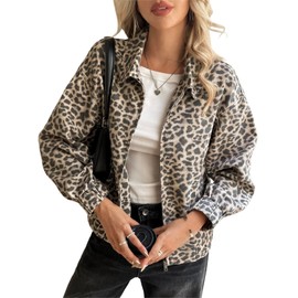 Cicy Bell Womens Leopard Zip Up Bomber Jackets Cropped Long Sleeve Denim Coats Trendy Casual Collared Vintage Outerwear