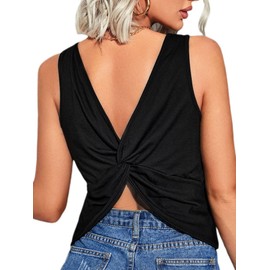 Verdusa Women Casual Backless Sleeveless Top Loose Twist Back Tank Tunic Tops Tee Black S
