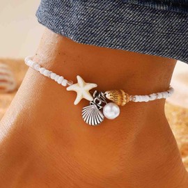 Cybche Boho Starfish Beaded Anklet Bracelet Vintage Conch Pearl Bead Dangle Anklets Summer Beach Beaded Anklet Bracelet White Sea Star Foot Chain Jewelry for Women