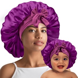 UHBYJM 2 PCS Mommy and Me Bonnet Set,Silk Bonnet for Kids and Women,Satin Bonnet for Sleeping with Elastic Tie Band,Adjustable Hair Bonnet for Women Girl Kids Toddler Sleeping Caps(Purple)