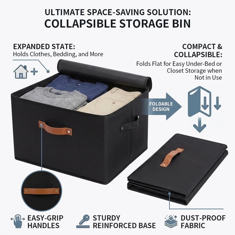 Tuza 3 Pack Foldable Storage Bin with Lid, Heavy-Duty Fabric