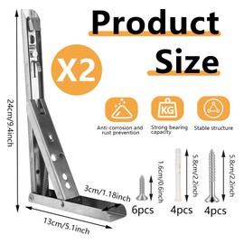 SNOMEL 2 Pack Stainless Steel Folding Shelf Brackets, 10 Inch Folding Table Brackets Heavy Duty, Countertop Extension Fold Down Up to 300 lbs for Wall Mounting