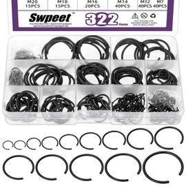Swpeet 322 Pieces 14 Sizes 7 mm - 30 mm Carbon Spring Steel Manganese Steel Round Wire C-Clips Internal Snap Ring Kit, M7 M8 M10 M12 M16 M18 M22 M24 M25 M26 M28 M30 Round Wire Snap Rings for Hole