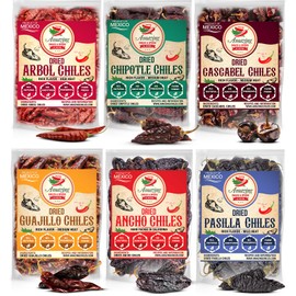 Dried Peppers 6 Pack Bundle - Ancho, Guajillo, Pasilla, Arbol, Chipotle, Cascabel (24oz Total). By Amazing Chiles & Spices