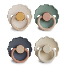 FRIGG Daisy Latex Dummy, Pack of 4, Natural Rubber Dummy, BPA-Free, Made in Denmark, Symmetrical Cherry Shape Teat, Multicoloured Bliss, Size 1 (0-6 Months))