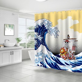 TALIHO Anime One Piece Shower Curtain Thousand Sunny Oda's Art Ukiyo-e for Bathroom Decor Waterproof Polyester Fabric Bath Curtain with 12 Hooks,70 x 70 inch