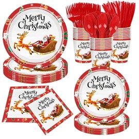 (25 Guests) 175pcs Christmas Plates and Napkins, Knives, Forks, Spoons, Cups, Disposable Dinnerware Set Paper Plates with Silverware for Christmas New Year Thanksgiving Party