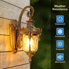 Outdoor Wall Lights, Waterproof Aluminum Porch Wall Light for Outside House, Patio, Yard, Garden, Gold Gooseneck Exterior Wall Sconce, Hardwired Outdoor Acorn Shape Lantern, Water Ripple Glass, 2pack