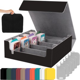 3200+ Trading Card Storage Box - 4-Row Card Deck Box with 30 Dividers, 6 Plastic Clips, Portable Carrying Case, PU Leather Magnetic Closure for YuGiOh TCG Sports Cards, etc (Black-Gray)