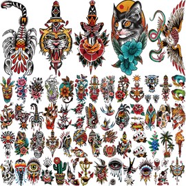 77 Sheets American Traditional Temporary Tattoos Adult Women Men Realistic Fake Tattoos Half Sleeve Flower Butterfly Tiger Snake Old School Temp Tattoos Stickers for Kids Adults