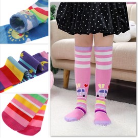 POEATEZO 3-12 Years Girls Knee High Socks Kids Funny Animal Pattern Warm Cotton Long Tall Boot Socks 6 Pairs (Stripe Rainbow)