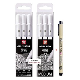 Sakura Gelly Roll White, 3 Pens Bright White in a Case, Mix Size 05/08/10 + 3 Pieces Sakura Gelly Roll Basic, White 08 ET Pigma Micron Black 05
