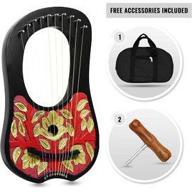 10 Metal Strings lyre harp Engraved Floral Golden/Red Black finish tuning key, Carrying bag