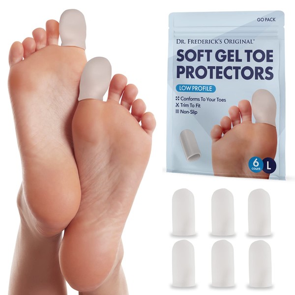 Dr. Frederick's Original Soft Gel Toe Protectors for Men & Women - 6 Pieces - Toe Caps for Foot Pain Relief - Flexible Cushions - Toe Sleeves for Ingrown Toenails, Corns, Calluses, Blisters - Large