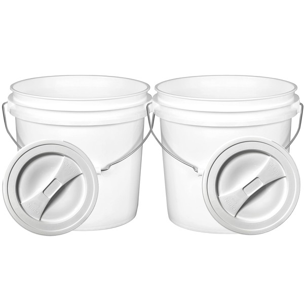 House Naturals 2 Gallon Food Grade BPA Free Bucket Container with Screw on White Lid (Pack of 2) Made in USA Container (White)