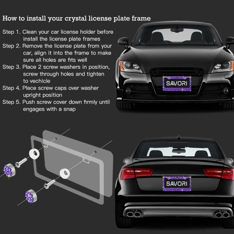 SAVORI Bling License Plate Frames for Women 2 Pack, Rhinestone