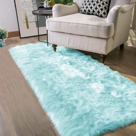 Latepis Blue Runner Rug 2x5 Faux Sheepskin Rug Washable Fur Rug Living Room Carpet Plush Soft Rug for Bedroom Office Fluffy Shag Rug Room Decor Runner