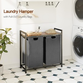 AMHANCIBLE Laundry Hamper with 2 Section, Laundry Basket with 2 Pull-Out and Removable Bags, Laundry Sorter For Small Space, Dirty Clothes Hamper for Bathroom, 2 x 12.1 Gallons (46L) HLS02BG