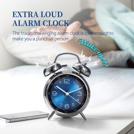 Super Loud Alarm Clock for Heavy Sleepers,4 inches Twin Bell Alarm Clock with Backlight,Battery Operated,Silent Non Ticking,for Kids,Adults,Bedrooms,Retro Decor Desk Analog Clocks. (Blue)