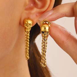 Wendalern Gothic Skull Chain Earrings Gold Chain Tassel Dangle Skeleton Earrings Vintage Ghost Skull Stud Earrings Sugar Skulls Statement Earrings Y2k Jewelry for Women and Girls