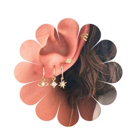 Yheakne Vintage Cz Northstar Earrings Boho Circle Huggie Hoop Earrings Gold Evil Eye Dangle Earrings Rhinestone Multiple Piercing Earrings Set Jewelry for Women and Girls Gifts