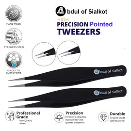 Abdul of Sialkot Pinzette für Damen & Herren – Professionelle Pinzette aus Edelstahl, spitze Pinzette für eingewachsene Haare, Splitter und Mitesserentferner, 2er-Set (Schwarz & Schwarz)