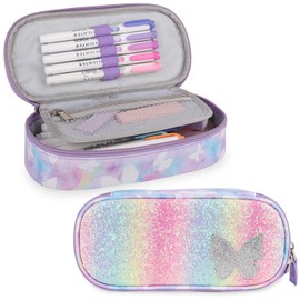 Pencil Case for Boys Girls,Large Capacity Multi-slot Kids Mark Pouch, Adult Big Pencil Bag with Zipper, Teens Large Storage Pencil Box for School College Middle School Office(Purple,Butterfly)