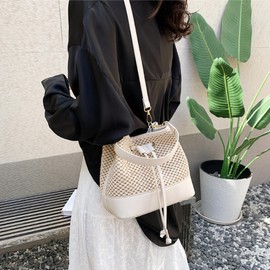 ZLM BAG US Straw Drawstring Bucket Bag Summer Crochet Tote Purse Pu Leather Strap Crossbody Shoulder Bag