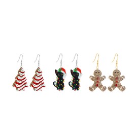 Vavhoo 3 Pairs Christmas Tree Cat Dangle Drop Earrings Glitter Gold Gingerbread Man Earrings for Women Set Jewelry Holiday Xmas Party Gift (Color)