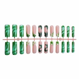 MISUD Press on Nails Long Square Fake Nails Glossy Glue on Nails Green Flower Leaf Acrylic Nail Supplies Squoval Artificial Nail Art Rhinestone Stick on False Nails with Design DIY 24 pcs
