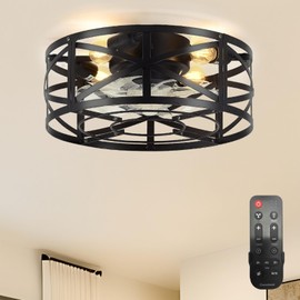 Conciseer 16 Inch Caged Ceiling Fans with Lights and Remote, Flush Mount, Low Profile 7 Blades 6 Speed Reversible Quiet DC Motor for Bedroom, Kitchen and Living Room, Black