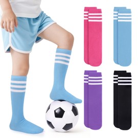 VEKDA 4 Pairs Kids Soccer Socks Toddler Boys Girls Athletic Youth Baseball Socks Knee High Seamless Toe Black/Purple/Pink/Blue L