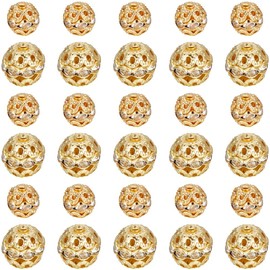 SUNNYCLUE 1 Box 120Pcs Gold Disco Ball Beads Rhinestone Bead Making Kit Metal Alloy Antique Round Hollow Czech Bubblegum Crystal Loose Spacer Beads for Jewellery Making Bracelet Necklace DIY Crafts