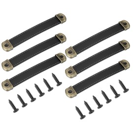 PATIKIL 5.7" Leather Drawer Pulls with Iron Sheet, 6 Pcs Leather Strap Trunk Handle Cabinet Knobs Hardware Replacement with 18mm Screws for Dresser Door Suitcase Luggage, Black
