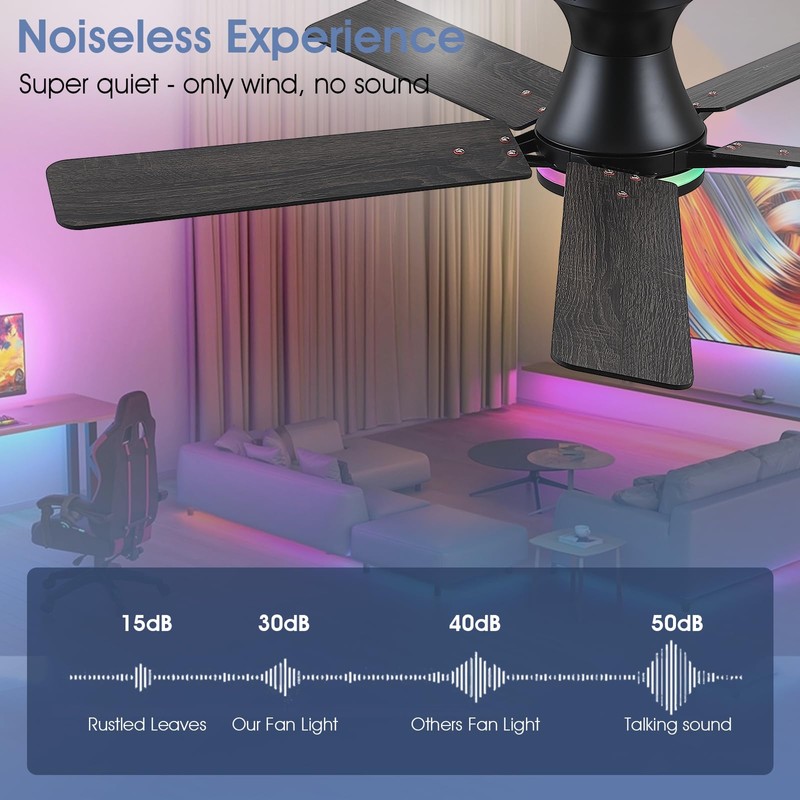 Goniyado 52" RGB Ceiling Fans with Lights and Remote/APP,Black Low