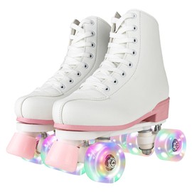 jessie Women Roller Skates with Light Up Wheels Stylish White Quad Skating Ideal for Men, Adult, Youth and Beginners Outdoor(Clear Flash Wheel,40-25cm/9.84in)