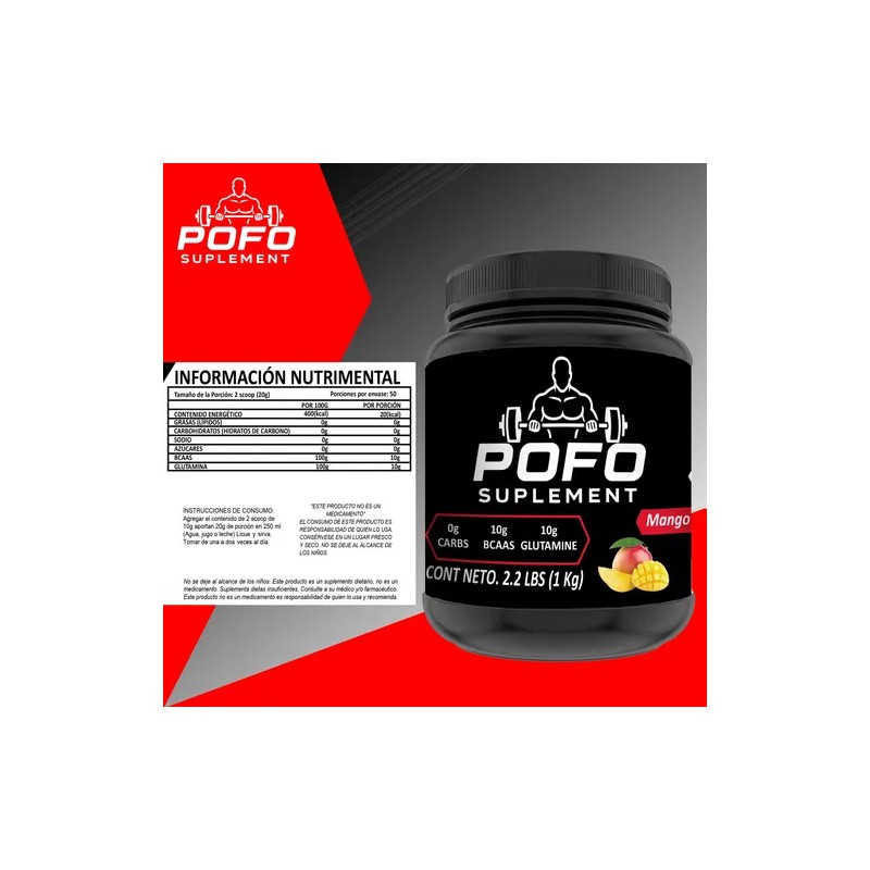 Aminoácidos Bcaas Glutamina Pofo Suplements 1kg 50servis
