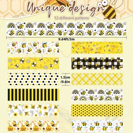 12 Rolls Bee Washi Tape Honey Daisy Printed Masking Tape Yellow Black Bumblebee Plaid Polka Dot Decorative Washi Tape for Gift Wrapping Scrapbook Junk Journal DIY Craft Supplies