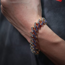 Halukakah Diamond Gold Chain Cuban Chain for Men 13 mm 18 Carat Real Gold-Plated / Platinum White Gold Collar Necklace, Multicoloured FUJI Mountain Blue/Red/Black/Clear Laboratory Diamonds, Gift for