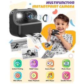 Hot Bee Instant Camera Children, Children's Camera Instant Camera 3-6 Years with 3 Printing Paper, 1080P, 2.4 Inch Screen, 32G Card, Gifts for Children Boys 4-8 Years, Toys from 3-5 Years Boy