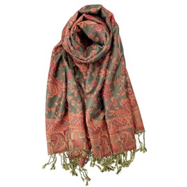 Plum Feathers Pashmina Scarf with Ethnic Tapestry Style Paisley Pattern - 67" x 28" Everyday Pashmina Travel Wrap and Shawl (Khaki Red Floral Paisley)