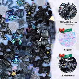 Kikonoke 100 Pieces 3D Resin Butterfly Bear Nail Charms Rose Flower Peach Skirt Bow Deer Snake Rabbit Animal Shaped Nail Art Rhinestones Pearls for DIY Nail Art Decoration Making Craft (Black)