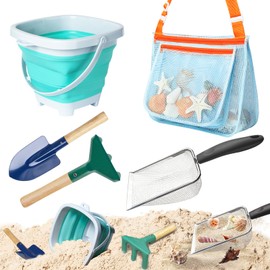 LIDAGO 5 Pcs Sand Toys Beach Set Include 2 Metal Shovels,1 Foldable Beach Bucket & 1 Sand Sifter with 1 Mesh Beach Bag for Shells Collecting