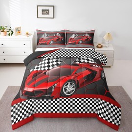Feelyou Race Car Comforter Set for Kids Boys Black White Checkered Flag Print Comforter Extreme Sports Bedding Set Twin Bedroom Decor Honeycomb Speed Sports Car Red Duvet Set 2Pcs with 1 Pillow Case