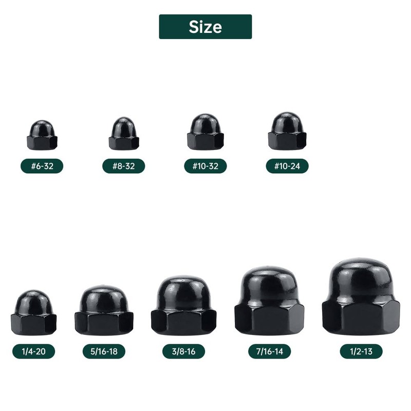 3/8-16 Black Acorn Hex Cap Nuts (20 pcs), 304 Stainless